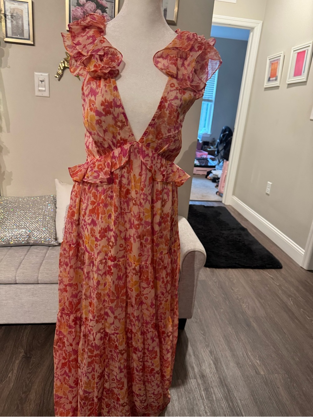 Aqua Pink and Yellow Floral Ruffle Maxi Dress